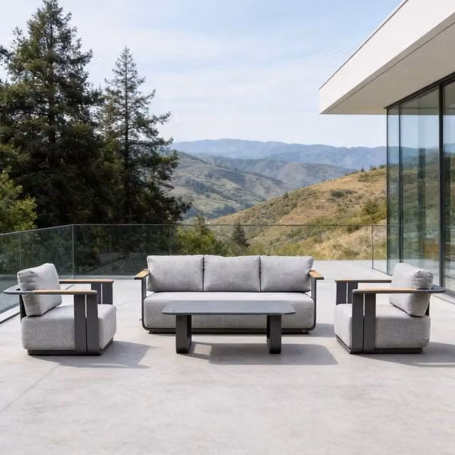 MIMO Garden 5-Seater Grey Aluminum Garden Sofa Set with Teak Armrests and Coffee Table – 1