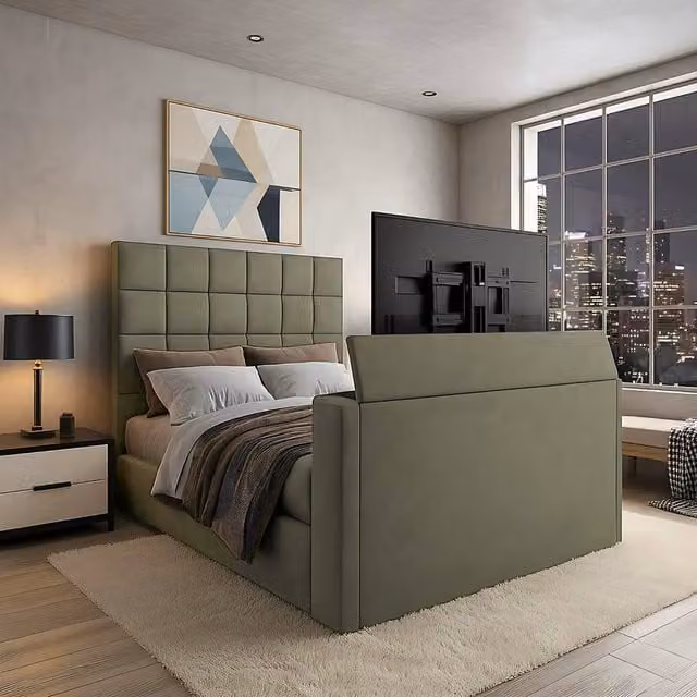 Paradise Beds Ltd Royal Upholstered Dream Sleep TV Bed with Ottoman Lift Storage, Green, W/D/H: 180 x 200 cm
