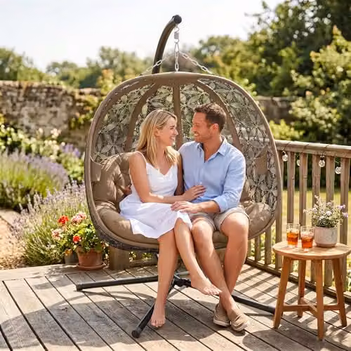 Outsunny Double Hanging Swing Chair with Metal Stand and Cup Holders in Sand Brown – 7