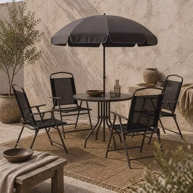 Wyld Haus Jattare 4 Seater Metal Mesh Garden Dining Set with Parasol, Table and Chairs in Black – 1