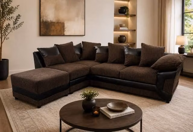 LUXURY LIFE Dino Left Hand Facing L-Shape Cord Corner Sofa in Brown, W/D/H: 235 x 94 x 90 cm