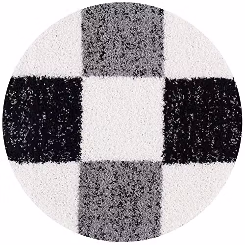 THE RUGS Modern Grey Checked Round Shaggy Area Rug, Diameter: 120 cm – 6