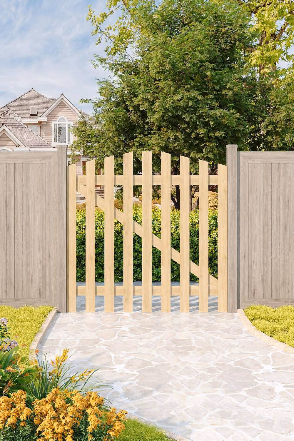 Living and Home Wooden Arched Garden Gate Swing Door in Brown or Yellow, W/H: 120 x 120 cm – 2