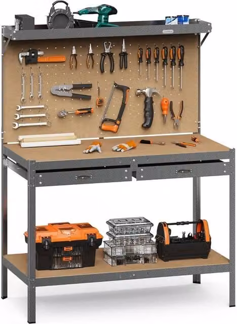 SPETLEK Heavy Duty Garage Workbench with Pegboard in Grey, 230kg Capacity, W/D/H: 100 x 52 x 155 cm