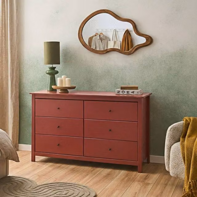 Wyld and Coco Burgundy 6-Drawer Pine Chest Scandinavian Style Storage Cabinet in Red – 1