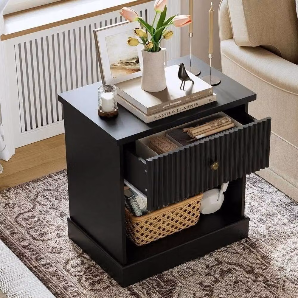 London Boutique Modern Fluted Bedside Cabinet and End Table with Drawer and Shelf in Black – 5