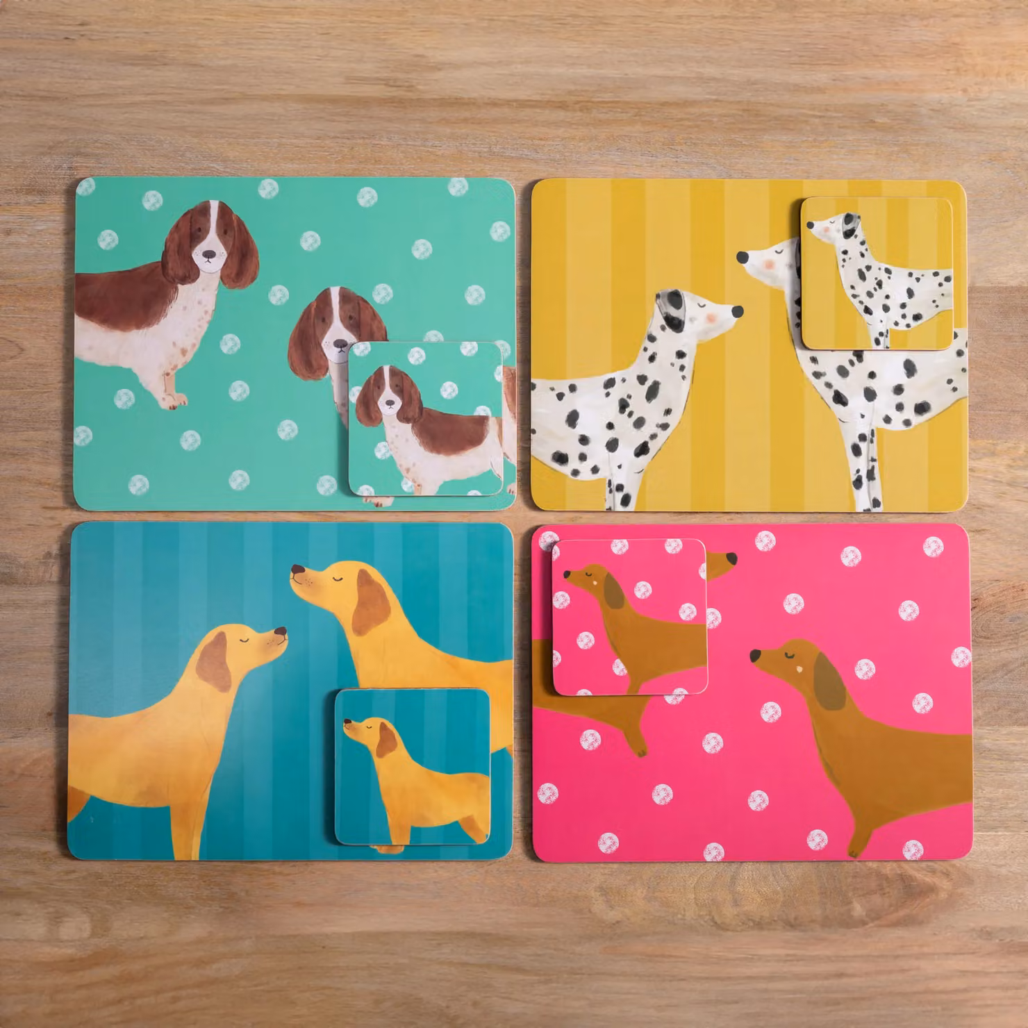 Creative Tops Set of 4 Puppy Pals Dog Design Cork Backed Rectangular Placemats, Pink and Green, W: 30 cm, D: 22 cm, H: 1.5 cm – 3
