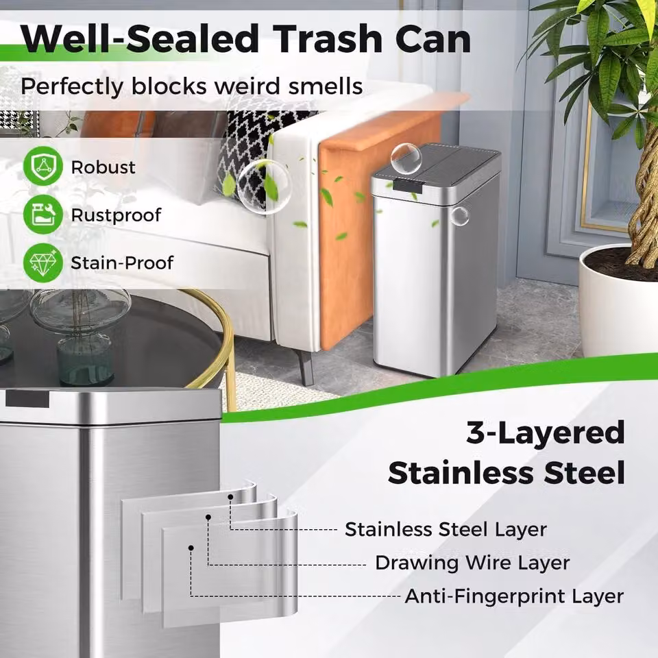 Costway Slim Automatic Sensor Kitchen Trash Can with Wing Lids, 50L, Silver Stainless Steel – 4