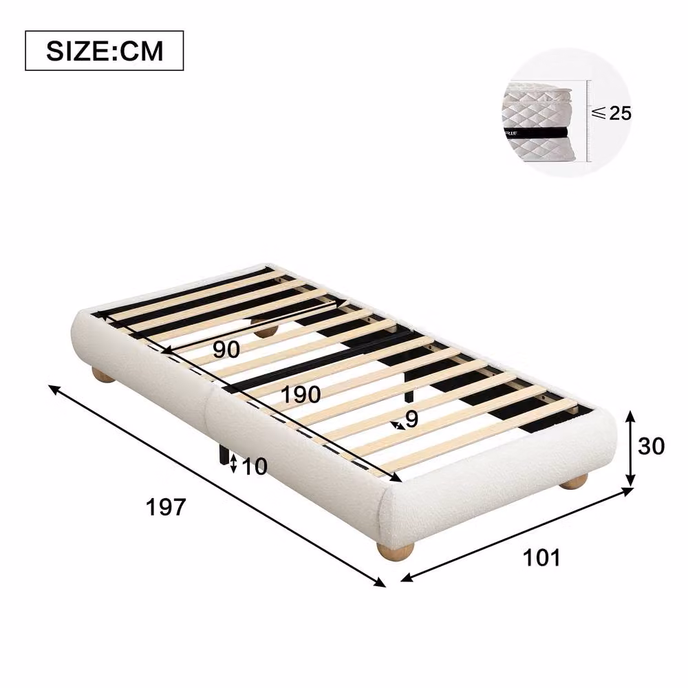 Rolipo Beige Boucle Upholstered Single Bed Frame, W/D/H: 90 x 190 cm – 2