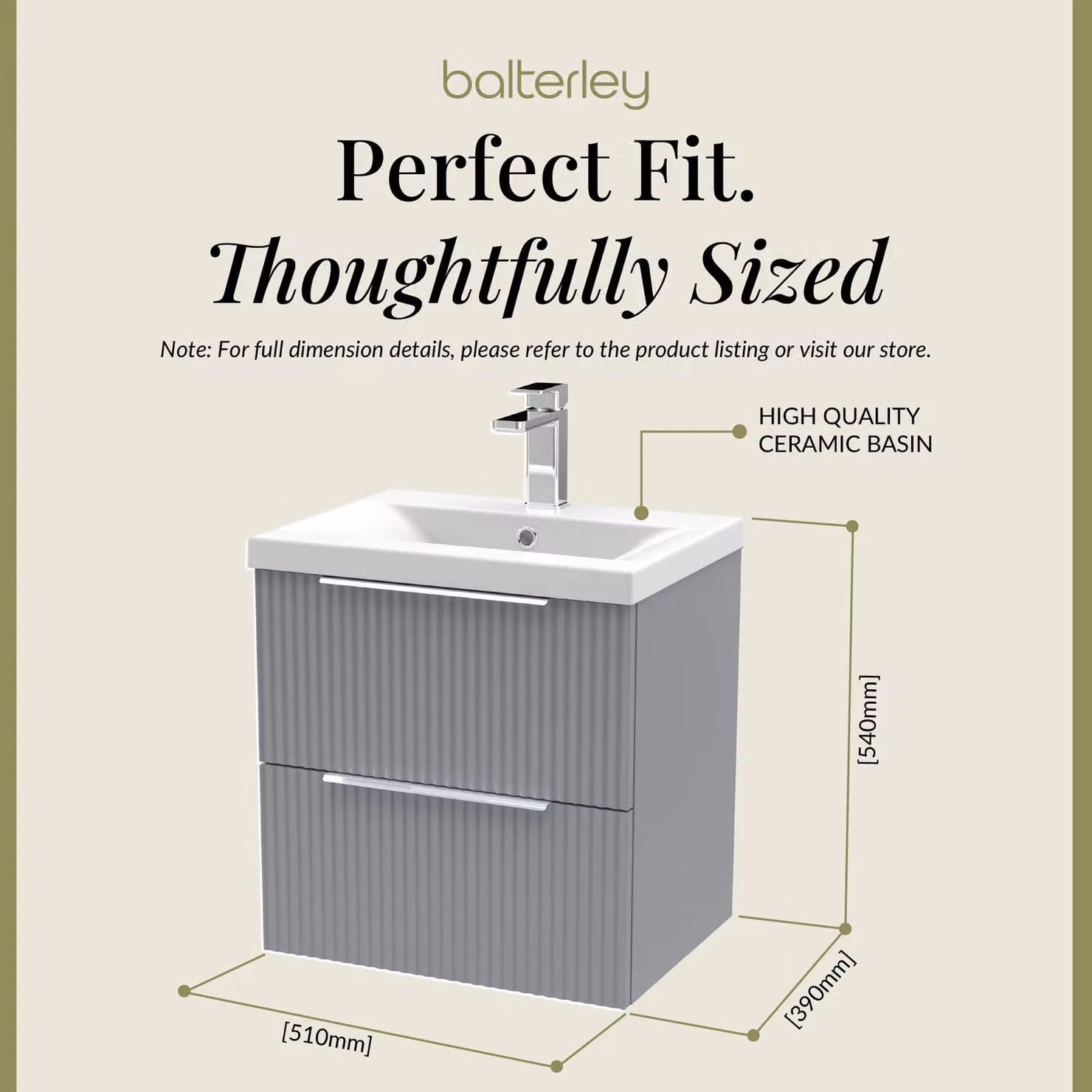 Balterley Fluted Wall Hung 2 Drawer Vanity Basin Unit and Basin, Satin Grey, Width: 50 cm – 2