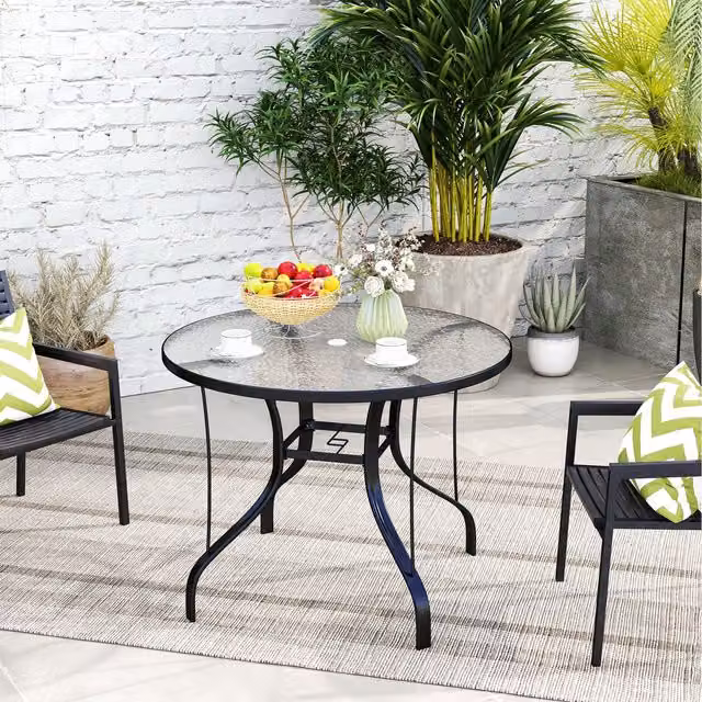 Outsunny Modern Round Outdoor Dining Table with Parasol Hole in Black Metal and Glass