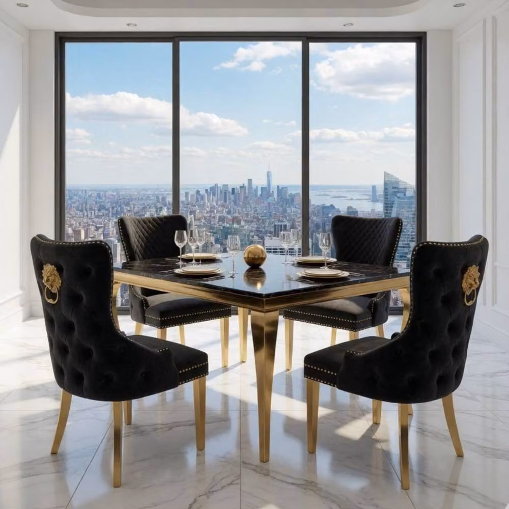 HOME LUXE INTERIOR Sofia Black and Gold Marble Dining Table and 4 Victoria Black Lion Chairs – 4