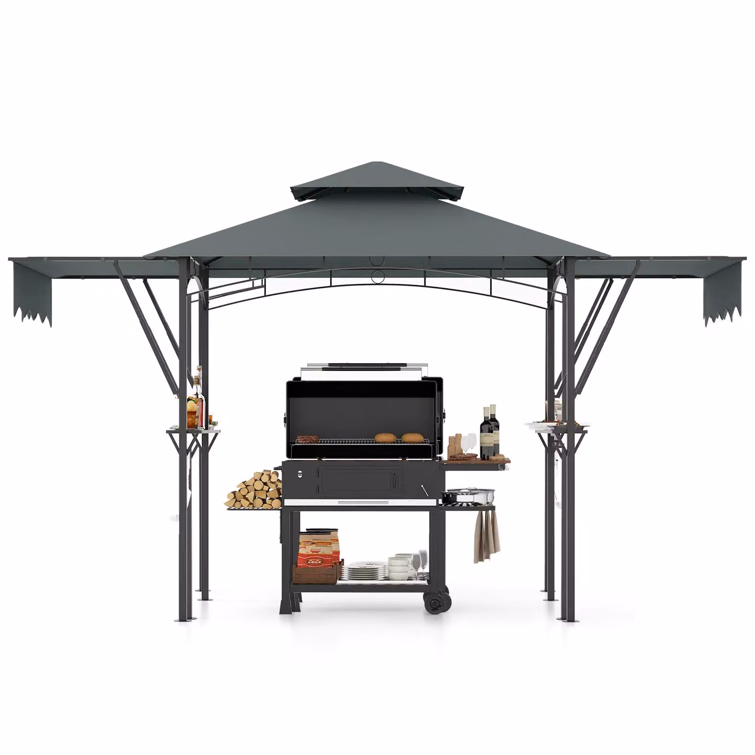 Costway Grill Gazebo with Dual Side Awnings in Grey, W: 398 cm, D: 256 cm, H: 153 cm – 5