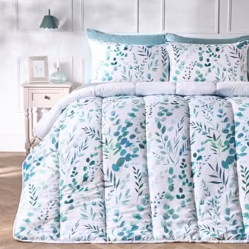 OHS Floral Coverless Duvet and Pillowcase Set, 10.5 Tog, Reversible Microfibre, Green/White, W/D/H: 135 x 200 cm