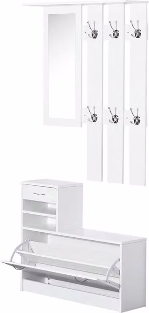 HOMCOM Modern White Entryway Organizer with Mirror, Shoe Storage and Hanging Rod – 1