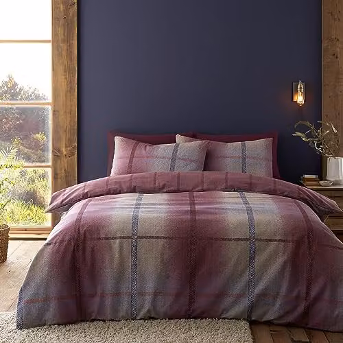 Catherine Lansfield Reversible Brushed Cotton Melrose Tweed Check Duvet Cover and Pillowcase Set, Purple, W/D/H: 180 x 200 cm, Pillowcases: 50 x 75 cm – 1