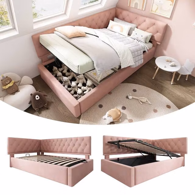 ModernLuxe Pink Velvet Upholstered Ottoman Daybed with Hydraulic Storage, W/D/H: 90 x 190 x 77 cm