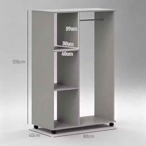 HOMCOM Rolling Open Wardrobe with Clothes Rail and Storage Shelves, Grey, W: 80 cm, D: 40 cm, H: 128 cm – 3