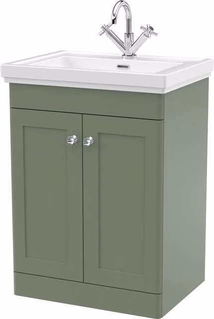 Balterley 2-Door Freestanding Bathroom Floor Vanity Unit with Fireclay Basin in Satin Green, W: 60.0 cm, H: 86.5 cm