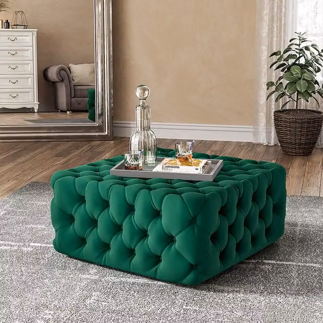 Livingandhome Modern Green Velvet Upholstered Cube Footstool
