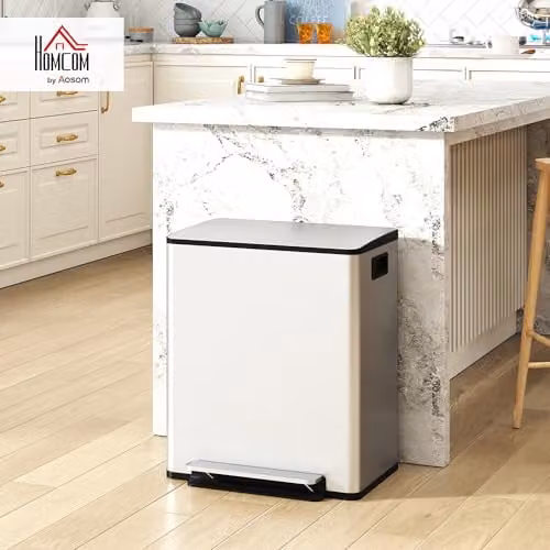 HOMCOM Dual Kitchen Pedal Bin with Soft-Close Lids and Removable Inner Buckets, Stainless Steel, Silver