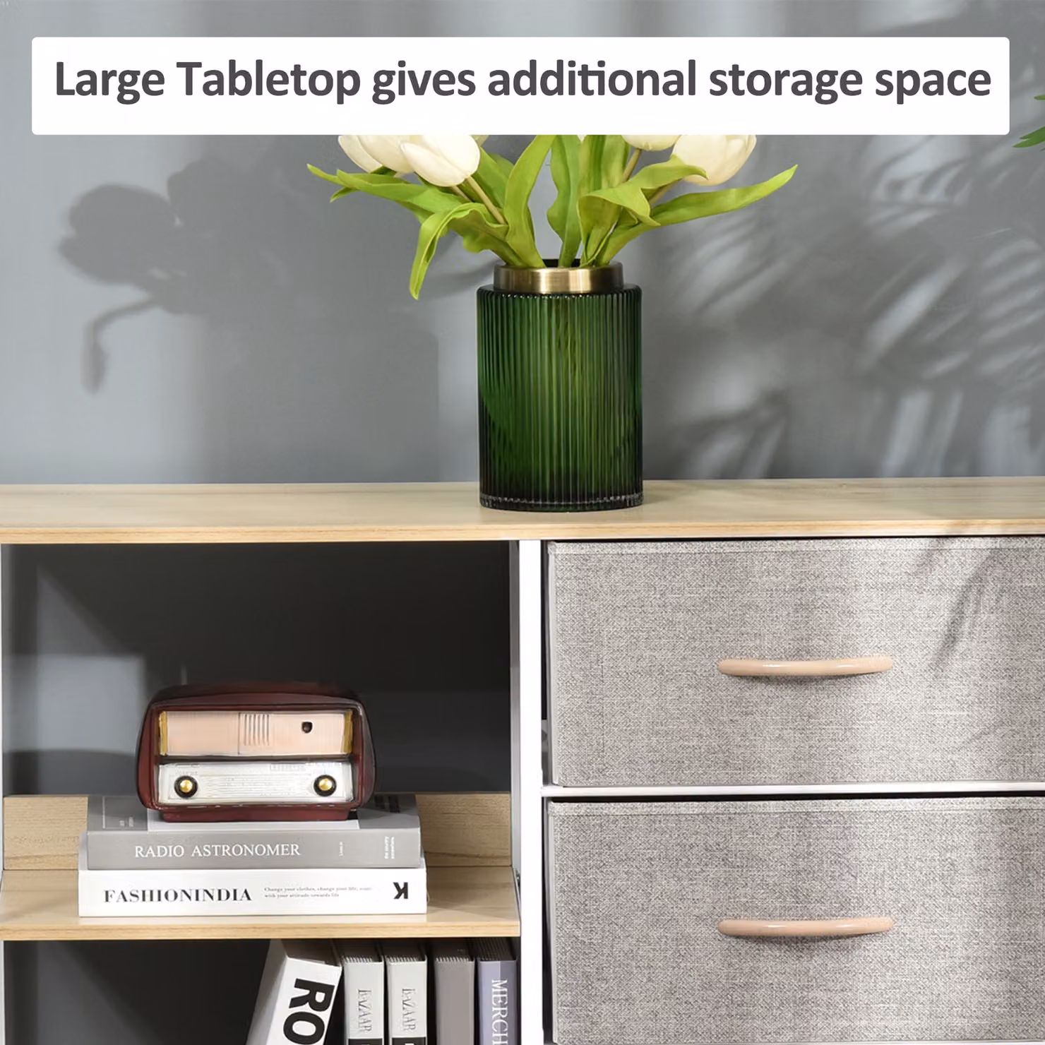HOMCOM Storage Dresser with 3 Fabric Drawers and 2 Display Shelves in Beige – 4