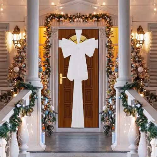 SHATCHI White Giant Christmas Door Bow, 9m Textile Decoration for Weddings, Parties and Home Decor – 2