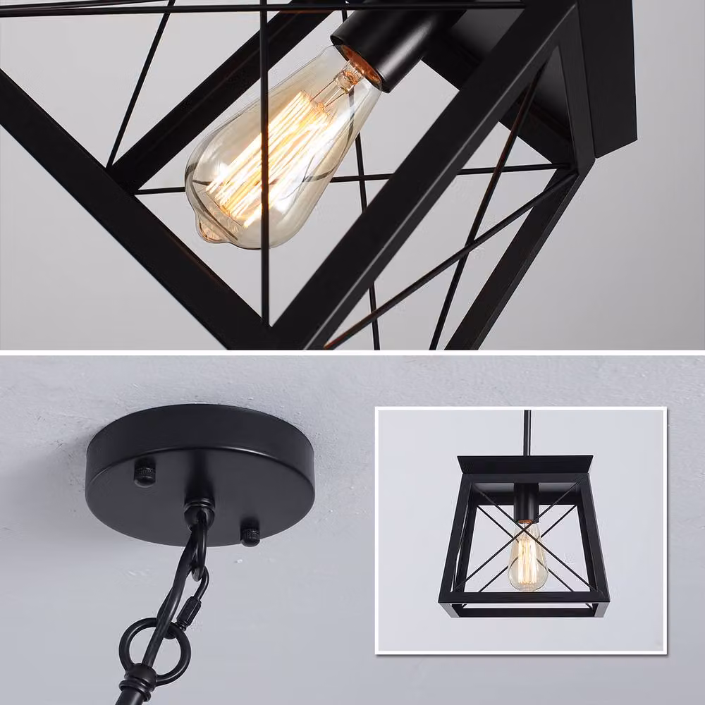 NIVOR Black Metal Farmhouse Pendant Light, Adjustable Industrial Cage Lantern Chandelier with Transparent Glass – 6