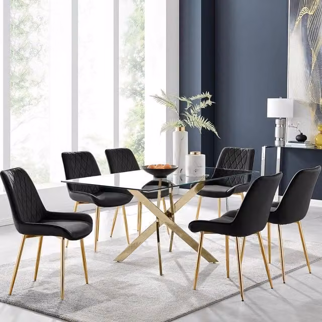 FurnitureboxUK Leonardo Gold Rectangular Glass Dining Table with 6 Black Pesaro Gold Leg Chairs