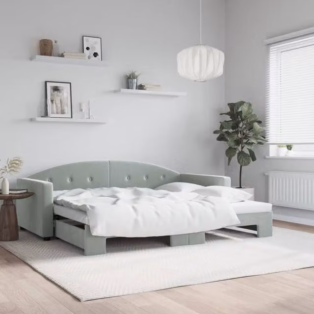 Berkfield Home Daybed with Trundle in Light Grey Velvet, W/D/H: 90 x 190 cm