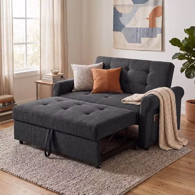 BTM Convertible Sleeper Loveseat Pull Out Sofa with Storage Pocket in Dark Grey – 1