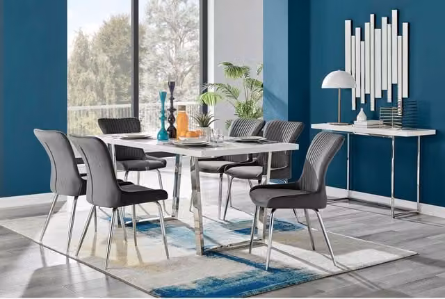 FurnitureboxUK Kylo White High Gloss Rectangular Dining Table with 6 Nora Silver Leg Chairs in Dark Grey