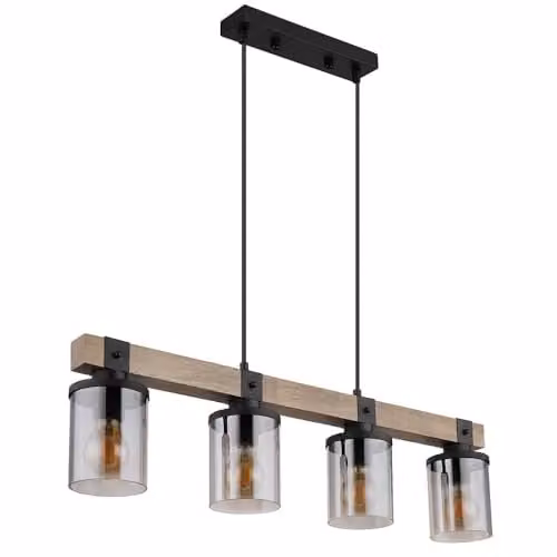 Globo Lighting Industrial Cylindrical Pendant Light with Smoky Grey Glass Shades and Wood Accents in Black and Dark Brown, Height: 133 cm, 4x E27 Bulbs