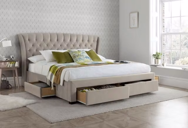 Bedmaster Newton Velvet 4 Drawer Storage Bed and Memory Maestro Memory Foam Mattress in Beige, Size: Double (140 x 200 cm)