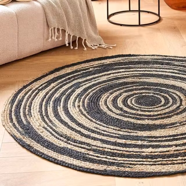 Wyld and Coco Nordic Weave Round Jute Rug in Beige and Black, Diameter: 140 cm