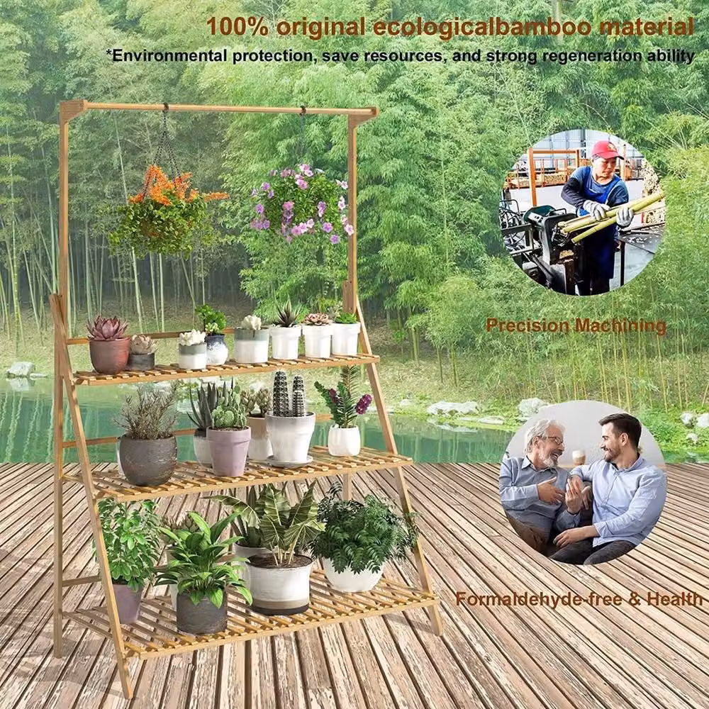 FLAVORA 3 Tier Bamboo Hanging Plant Stand in Natural Brown, W/D/H: 70 x 40 x 96 cm – 2