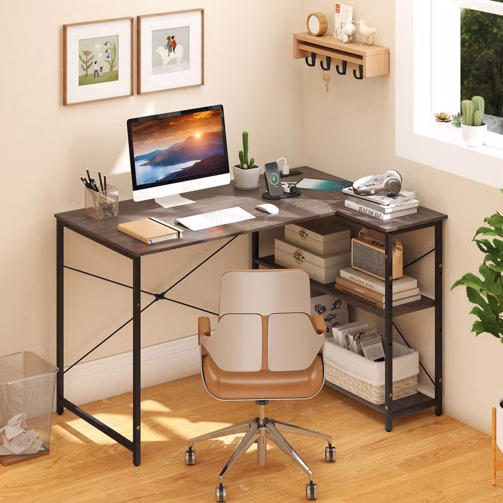 Costway L-shaped Corner Computer Desk with Power Outlet and Reversible Shelves in Grey – 3