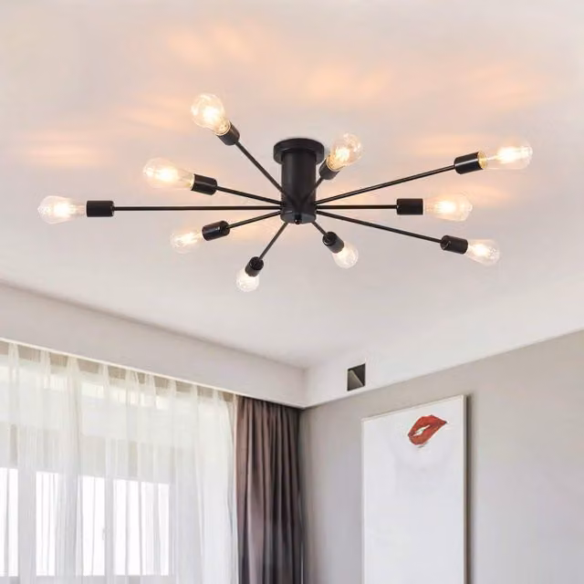 Garwarm 10-Light Sputnik Semi Flush Mount Industrial Star Chandelier in Black