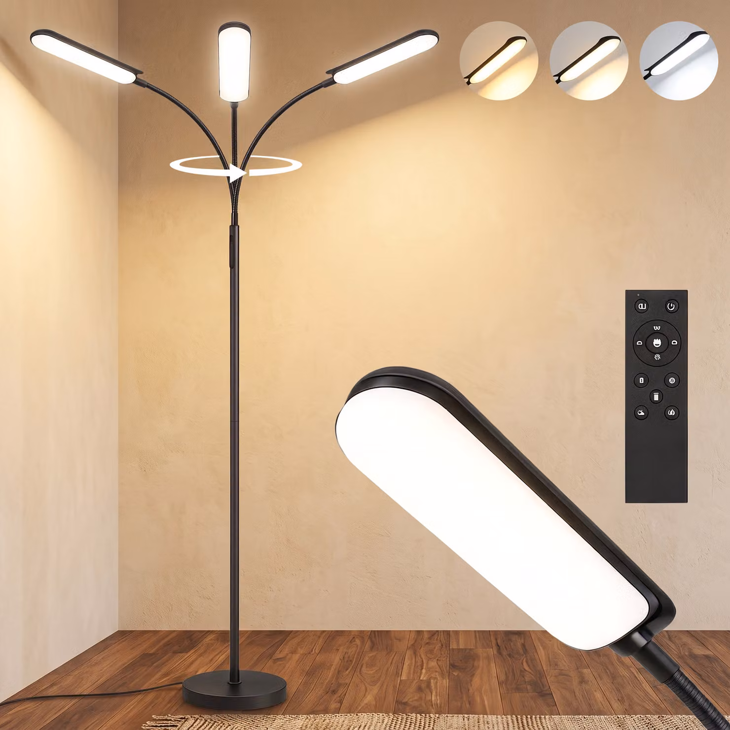 HOMCOM LED Floor Lamp in Black with Remote and Touch Control, Dimmable Stepless Brightness and Colour Temperature, 360° Adjustable Gooseneck and Timer, H 175 x W 21.5 x D 21.5 cm – 2