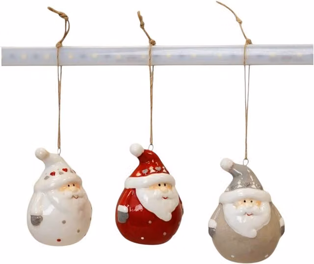 Four Candle Set of 3 Ceramic Santa Christmas Bauble Figures in Red, White and Grey