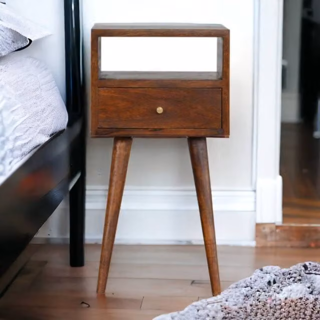 Direct Wicker Mini Chestnut Bedside Table in Dark Brown with 1 Drawer and Open Shelf
