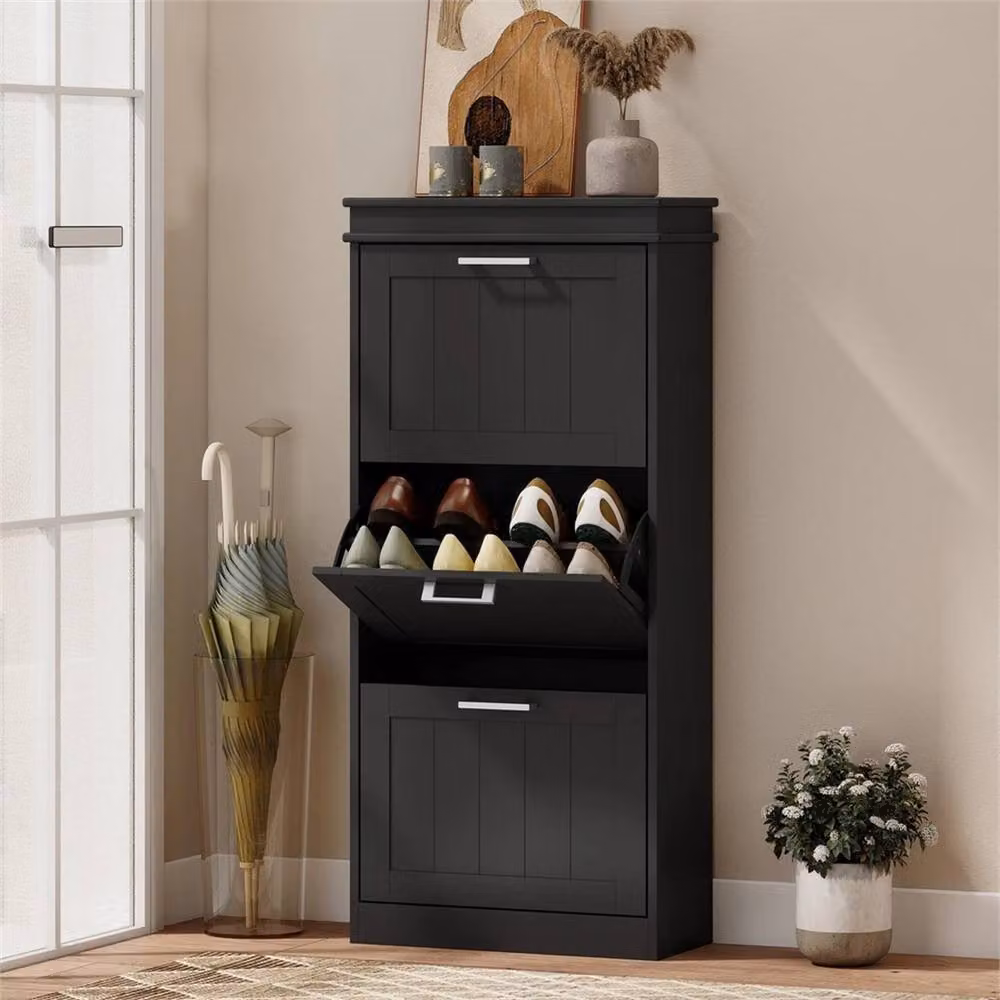 EONLION Modern Black Shoe Storage Cabinet with 3 Tilting Compartments and Internal Shelves, Width: 100 cm – 5