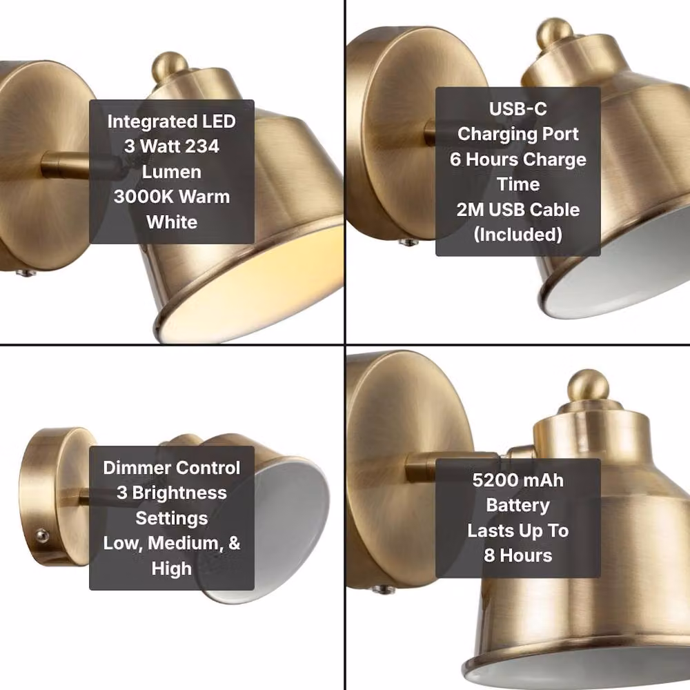 Happy Homewares Modern Wireless Rechargeable Dimmable LED Spot Wall Light in Gold/Brass – 4