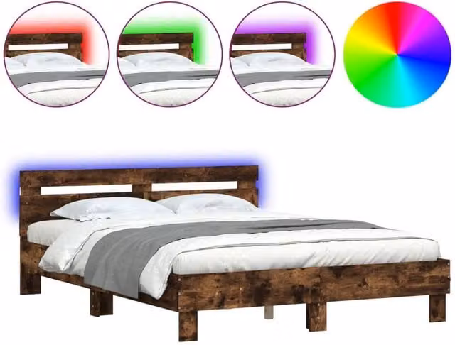 Berkfield Home Modern King Size Bed Frame with LED Under-Bed Lighting and USB Charging Port in Smoked Oak Brown, W: 150 cm, L: 200 cm – 1