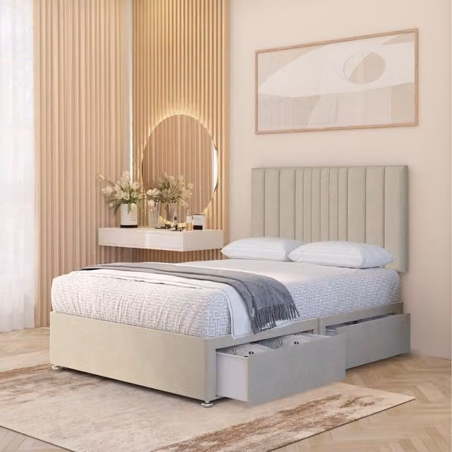 Somnior Beds Ltd Arizona Tweed Fabric Orthopaedic Divan Bed Set with Hybrid Mattress, 32 inch Headboard and Drawers, Natural Single