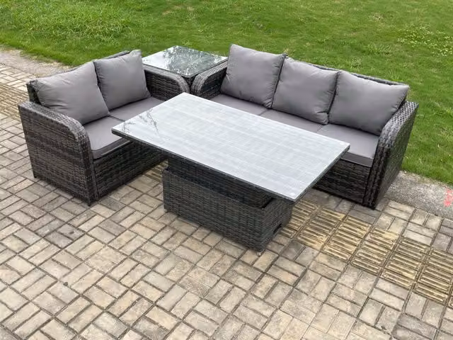 Fimous Outdoor Rattan Garden Furniture Set with Height Adjustable Dining Table, Lounge Sofa and Side Table in Dark Grey