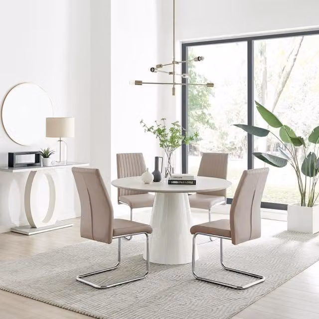 FurnitureboxUK Palma Beige Stone Effect Round Dining Table and 4 Lorenzo Chairs in Cappuccino