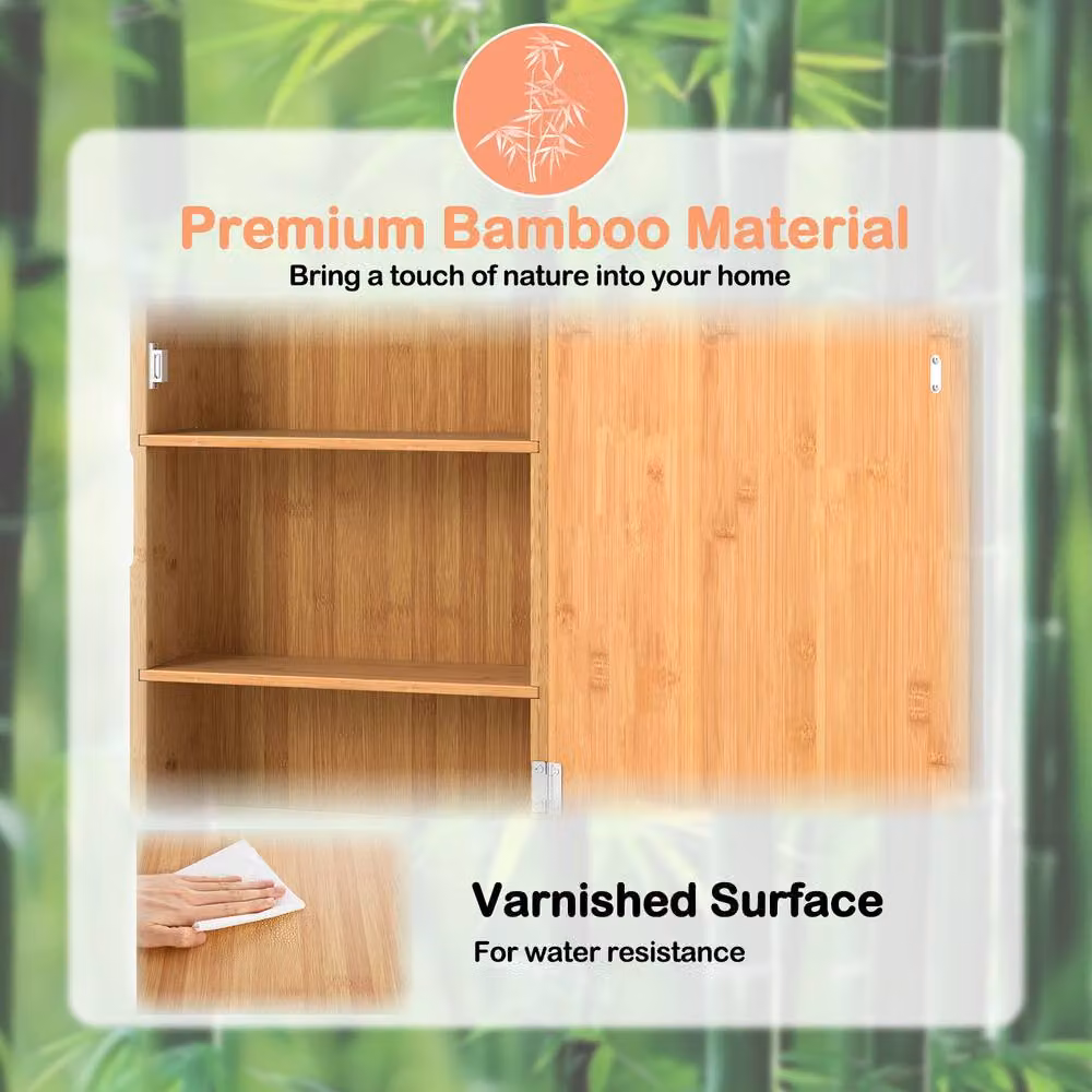 Costway Bamboo Bathroom Wall Medicine Cabinet with Mirror and 2 Shelves in Natural Brown – 2