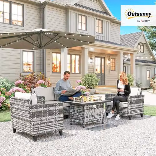 Outsunny 5 Piece Grey Polyrattan Garden Furniture Set with Outdoor Coffee Table, 2 Seater Sofa, Armchairs and Upholstered Cushions – 2