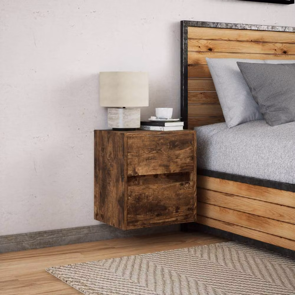 Berkfield Home Wall-mounted Bedside Cabinet with Integrated LED Lights in Smoked Oak Brown – 3